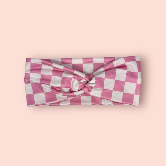Pink Checkered Knot Headband